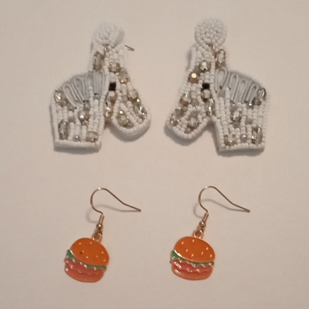 #1115. Glass Seed Bead & Rhinestone Unicorn Earrings & Hamburger Earrings Bundle